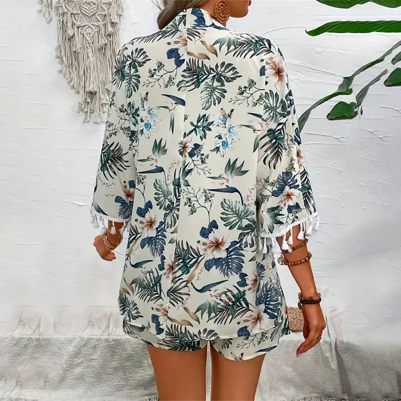 Women's Outfits™ Open-front Cardigan Smock Flower Printed Beach Shorts Summer Suits