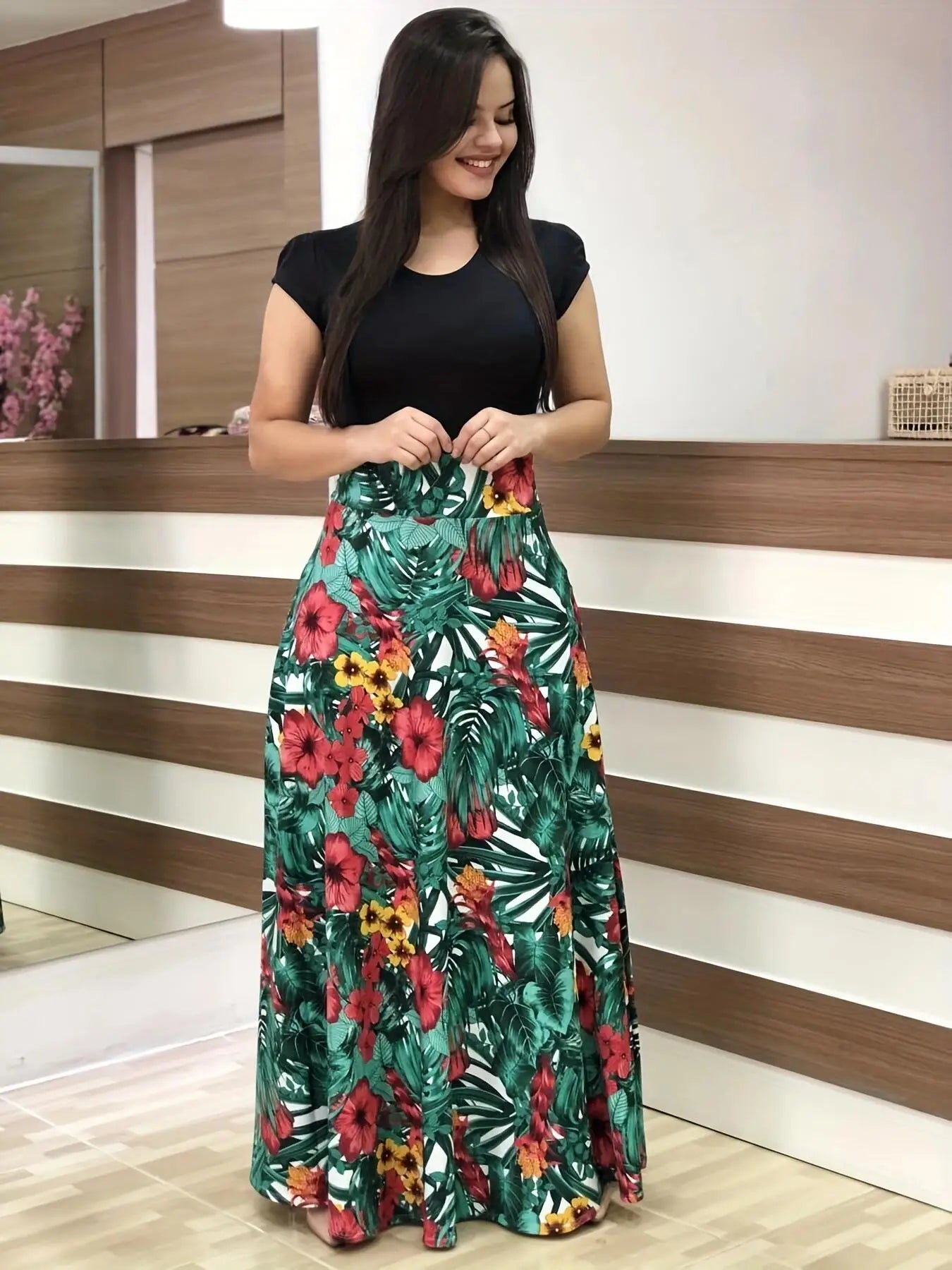 Women's Short Sleeves Dress™ Style flower print color matching short sleeved dresses