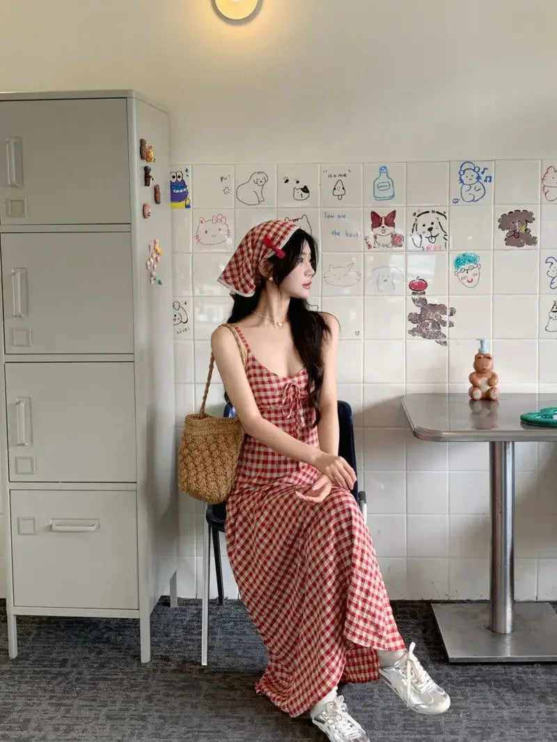 Women's Red Plaid Strapless Slim Fit Summer Dress™ French Style Backless Long Dress