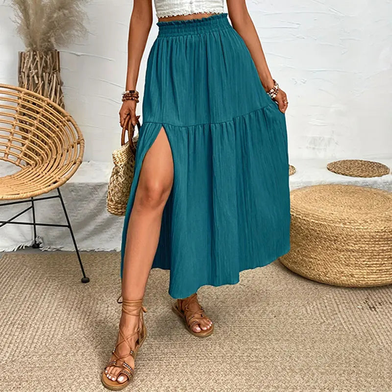Women Bohemian Midi Skirt™ High Waist Solid A Line Ruffle Side Slit Skirts