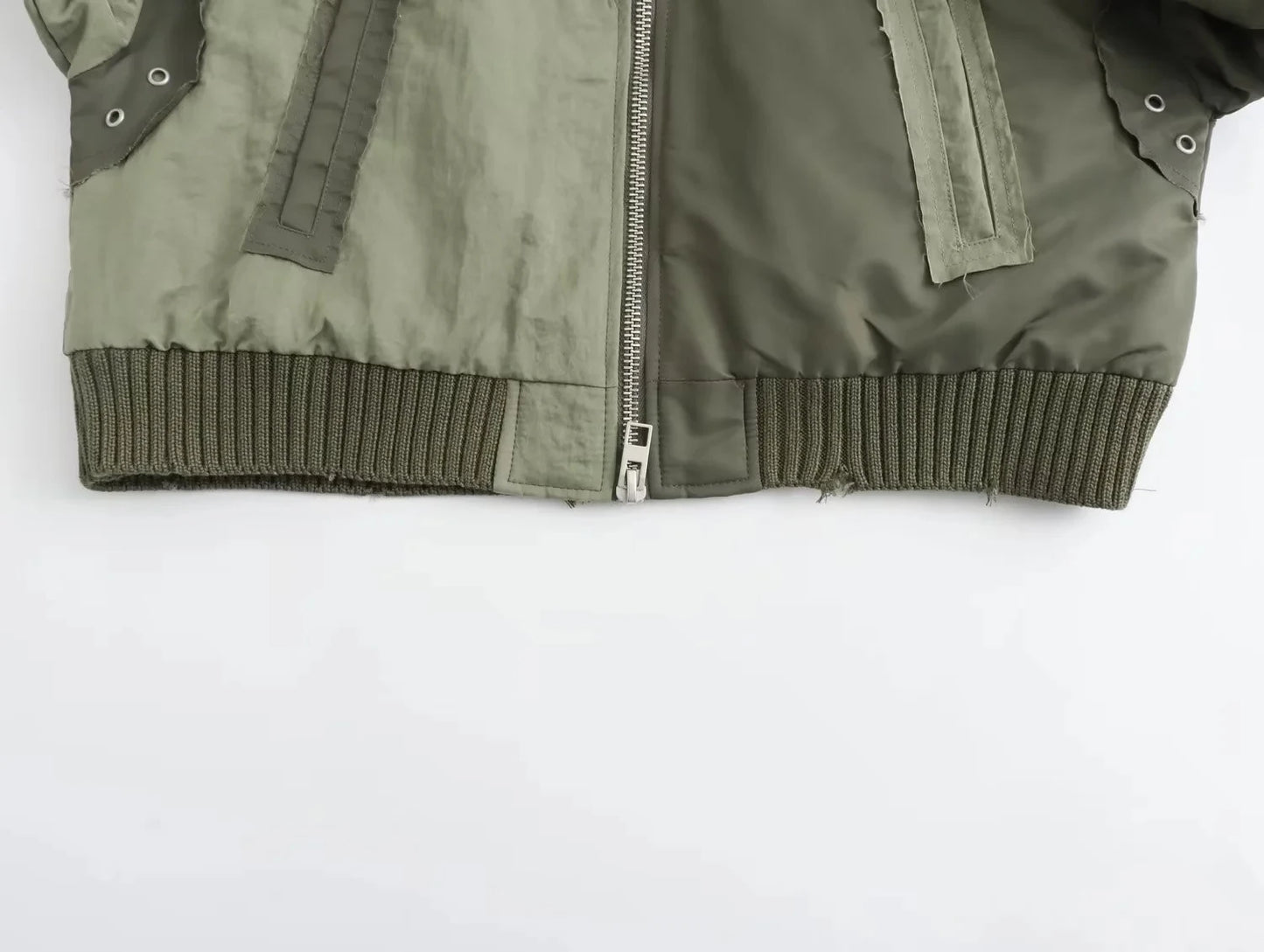 Women's Army green Bomber™ Jackets  KONDALA Patchwork Zipper Pockets Oversized Coats