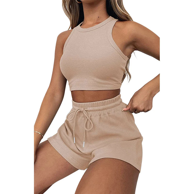 Women's Solid Waffle Textured Shorts Set™ Breathable O-Neck Crop Tank Top & Drawstring Shorts Set