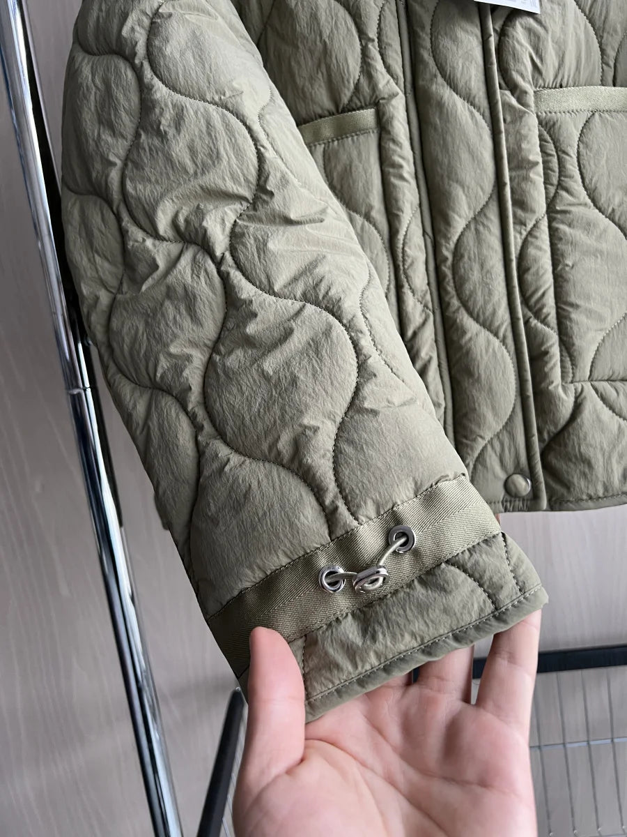 Women's Quilted Coat™ drawstring ties high neck pocket clip cotton jacket for women
