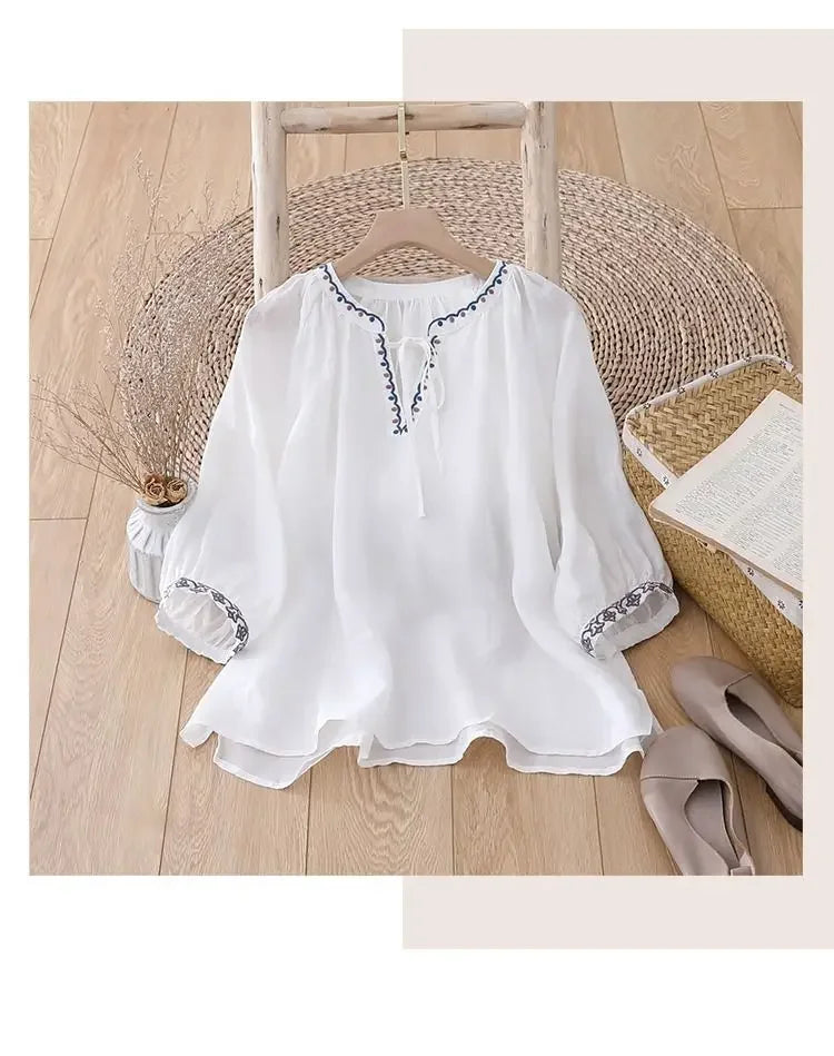 Women's Soft Cotton T-shirt™ V-neck 3/4 Sleeve Neckline Drawstring Summer Top