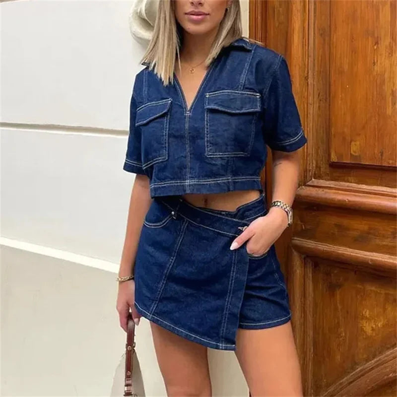 Women's TRAF Blue Denim Suit™ Short Sleeve Cropped Shirt & Short Y2k Set