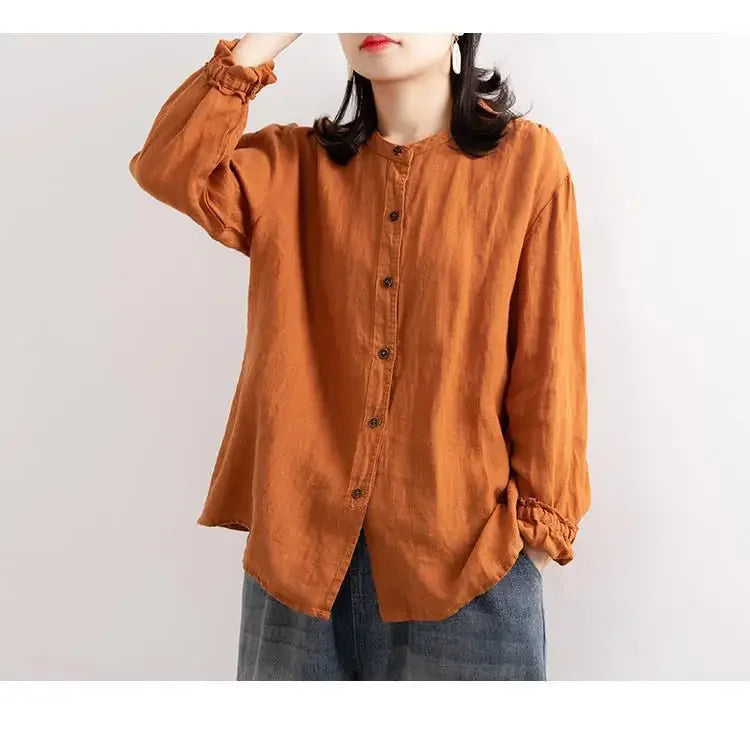 Women's Cotton Linen Shirts™ Loose Fit Round Neck Plus Lantern Sleeve Shirt