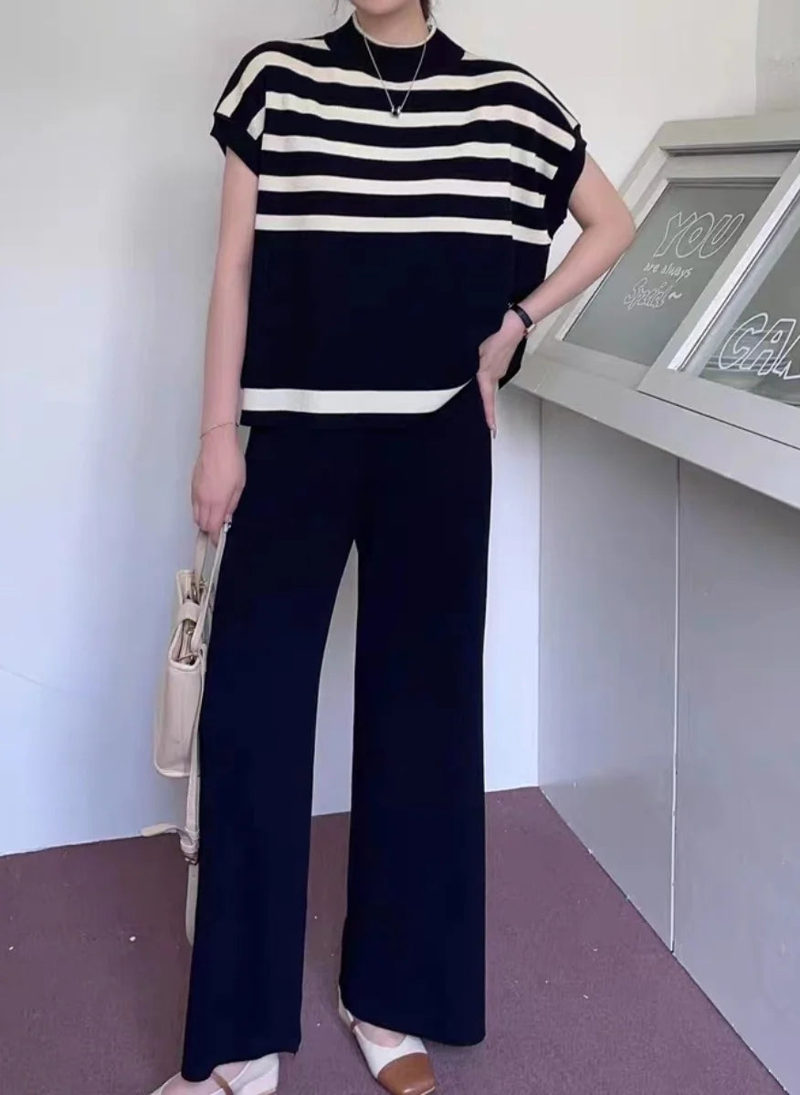 Women's Summer Suit™ 2 Pieces Set O-Neck Sleeves Tank Top Stripe Sweater Wide Leg Pant Set Outfit