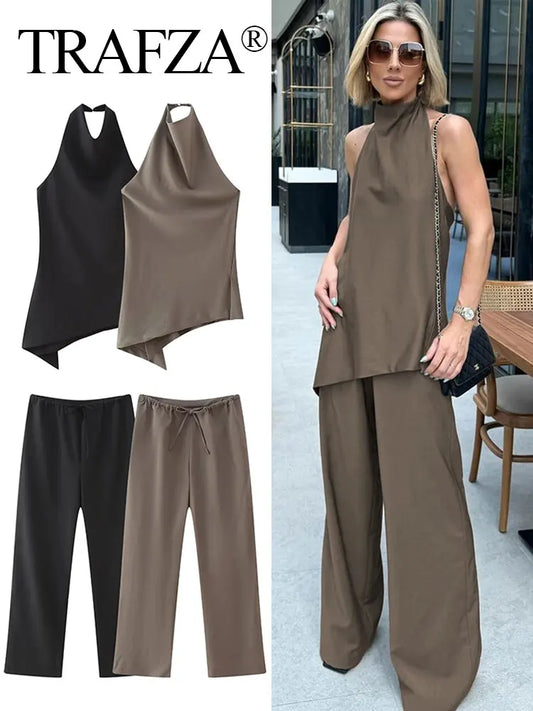 Women's TRAFZA Women Vintage Suits™ Backless Halter Asymmetric Tank Top + Drawstring Trousers