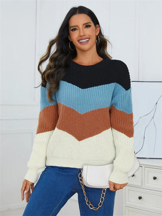 Women's O Neck Sweater™ Splicing Color Striped Long Sleeve Knitwear