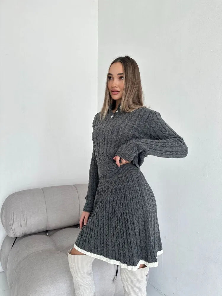 Women's Knitted Set™ Long Sleeve Lapel Buttons Knitting Sweater Short Skirt Sets