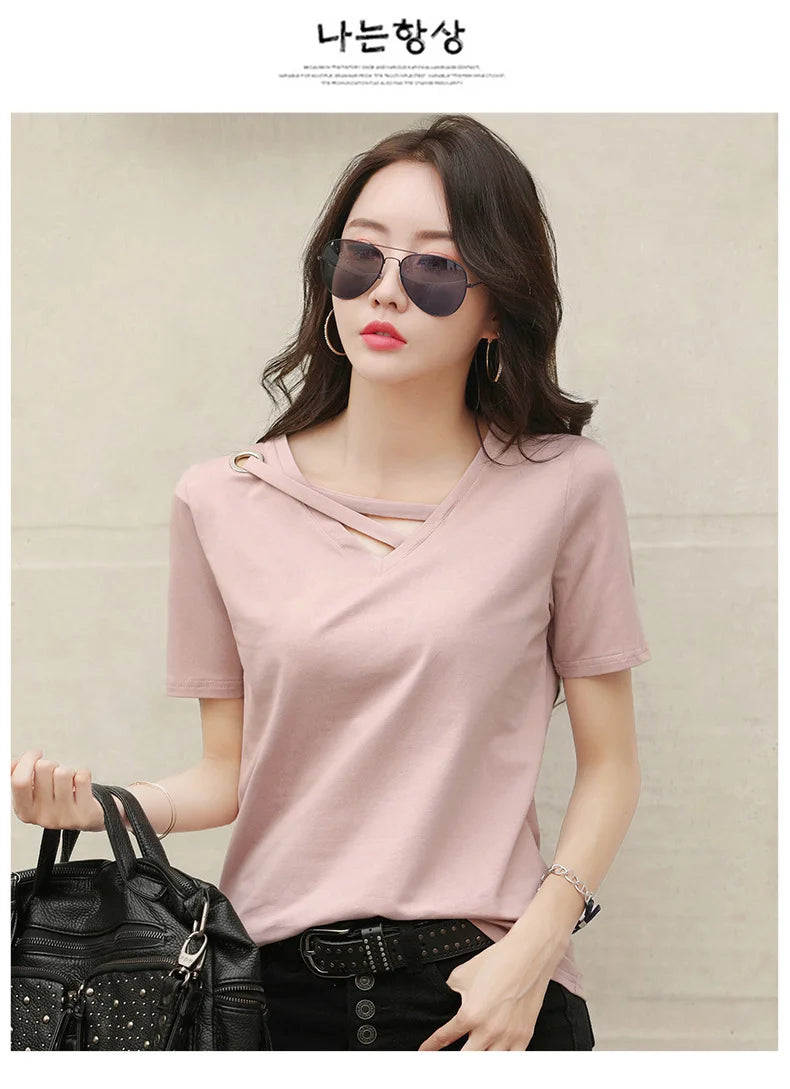 Women Short Sleeve Heart-neck T-shirt™ Half-sleeve Loose Tops