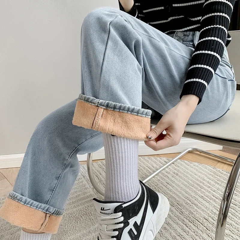 Women's Fleece Wide Leg Jeans™ Winter Warm Vintage Baggy High Waist Loose Straight Denim Pants