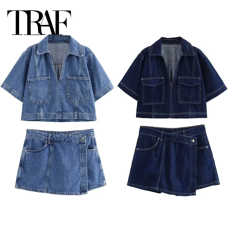 Women's TRAF Blue Denim Suit™ Short Sleeve Cropped Shirt & Short Y2k Set