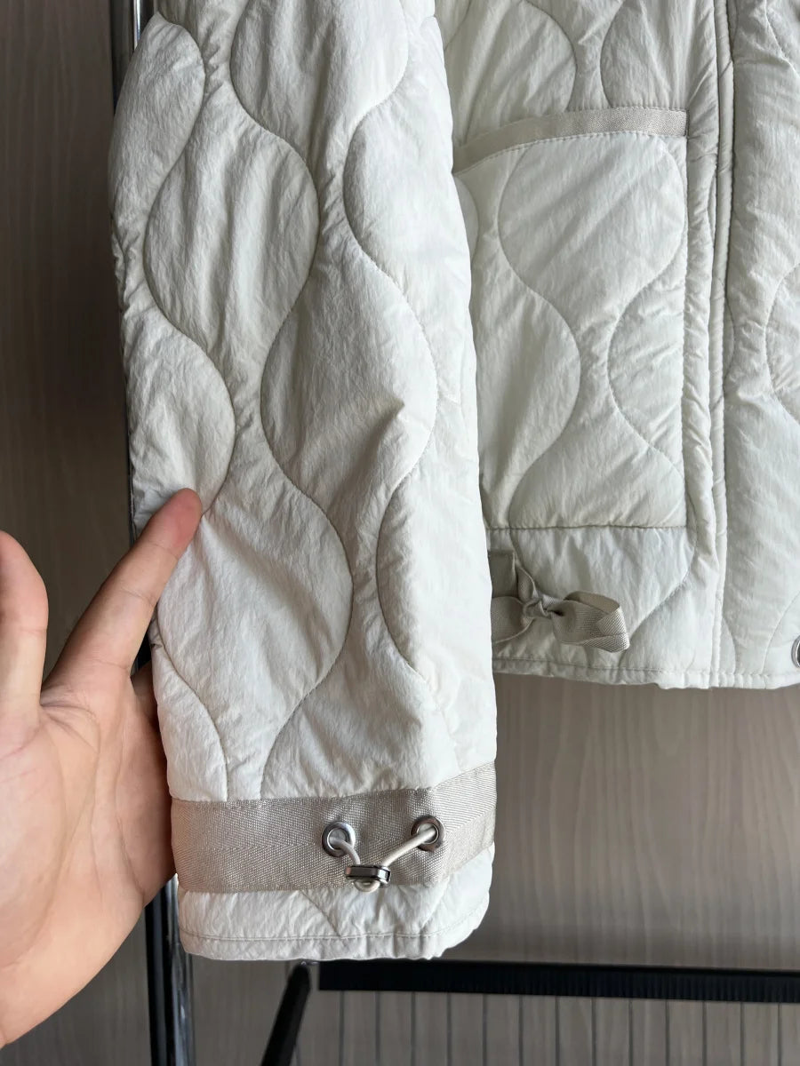 Women's Quilted Coat™ drawstring ties high neck pocket clip cotton jacket for women
