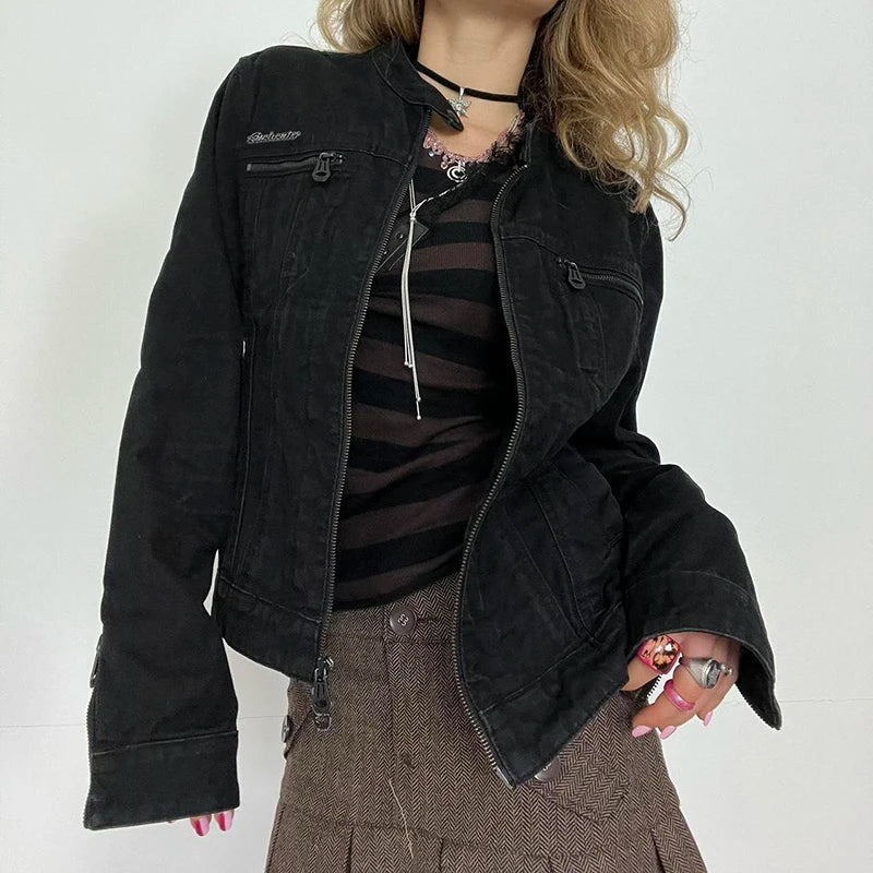 Rockmore Women's Double Zipper Denim Jackets™ Harajuku Cargo Style Casual Vintage Long Sleeve Jacket
