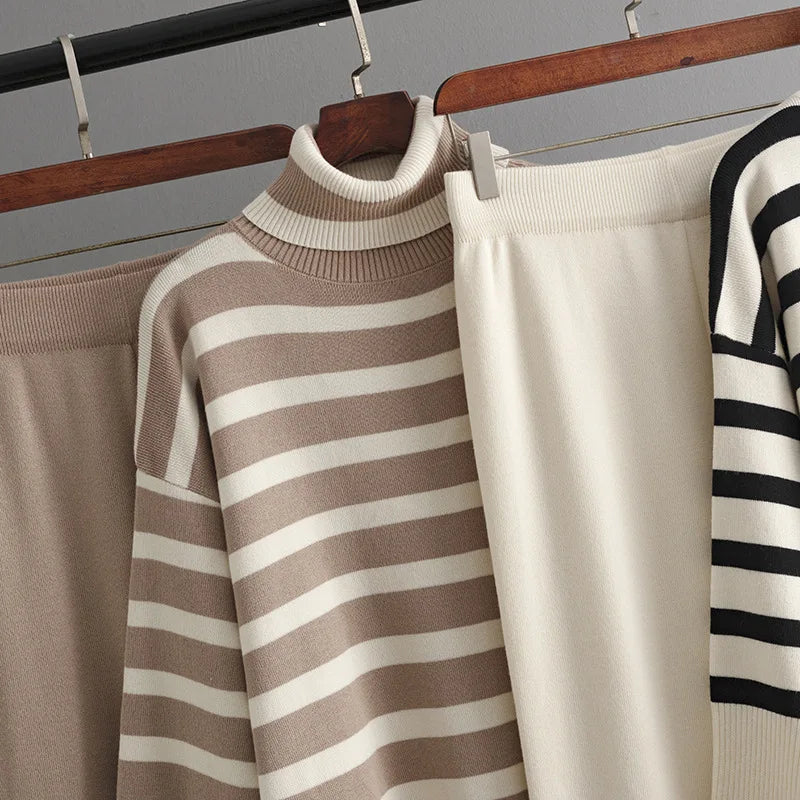 Women's Suits™ SINGREINY Striped Turtleneck Sweater High Waist Wide Leg Pants Knitted Loose Suits