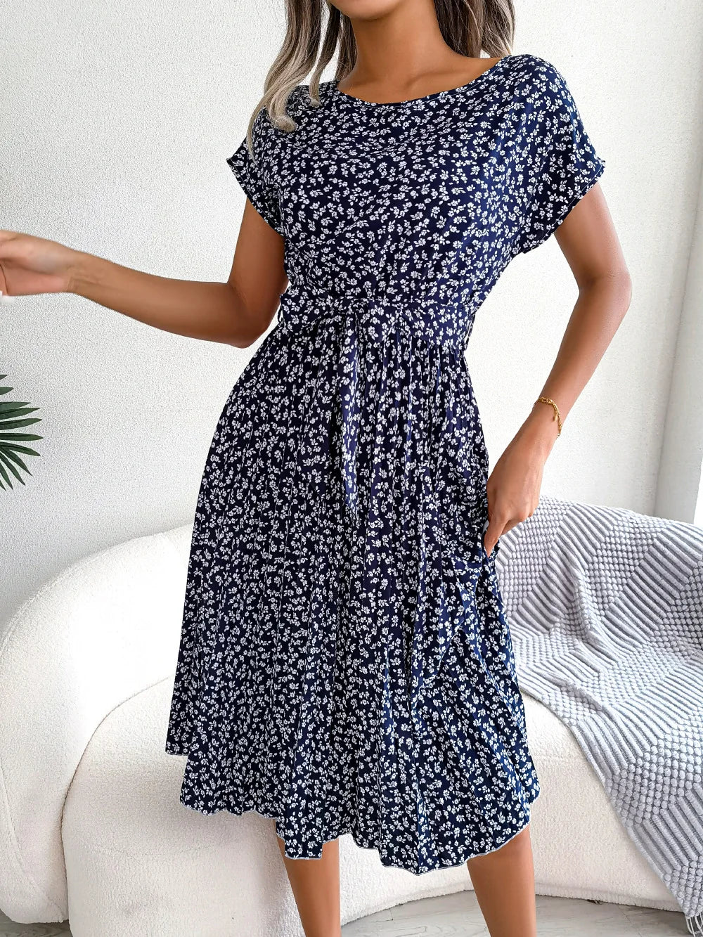 Women Dresses™ Spring Summer Short Sleeve High Waist Floral Pleated A Line Long Dress