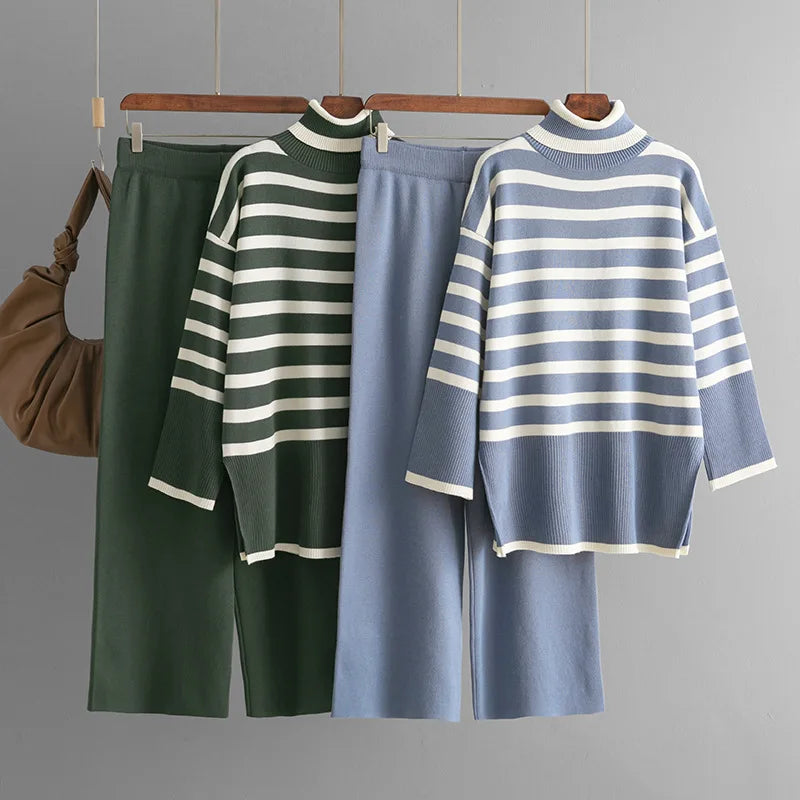 Women's Suits™ SINGREINY Striped Turtleneck Sweater High Waist Wide Leg Pants Knitted Loose Suits