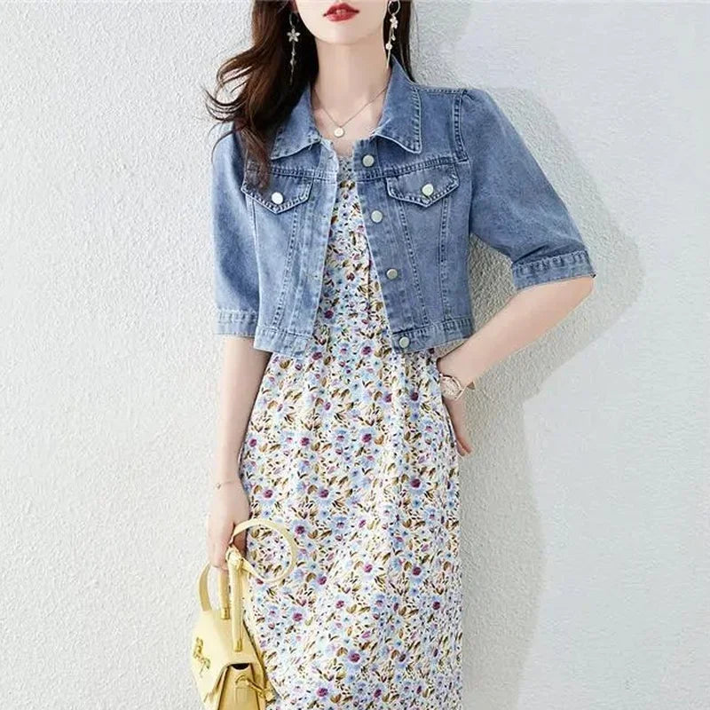 Women's Vintage Crops Turn Down Collar Jackets™ Half Sleeve Denim Fit Harajuku Outwear