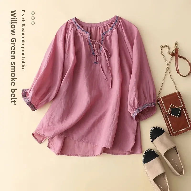 Women's Soft Cotton T-shirt™ V-neck 3/4 Sleeve Neckline Drawstring Summer Top