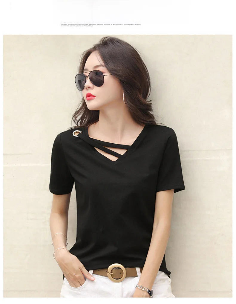 Women Short Sleeve Heart-neck T-shirt™ Half-sleeve Loose Tops