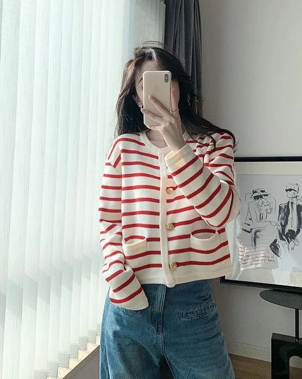 Women Stripe Knitted Cardigans Sweater™ O-neck Single Breasted Long Sleeve Sweaters