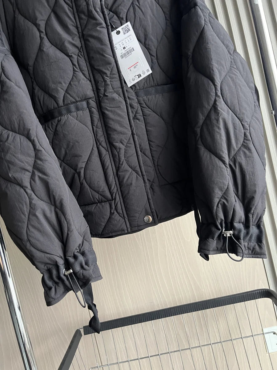 Women's Quilted Coat™ drawstring ties high neck pocket clip cotton jacket for women
