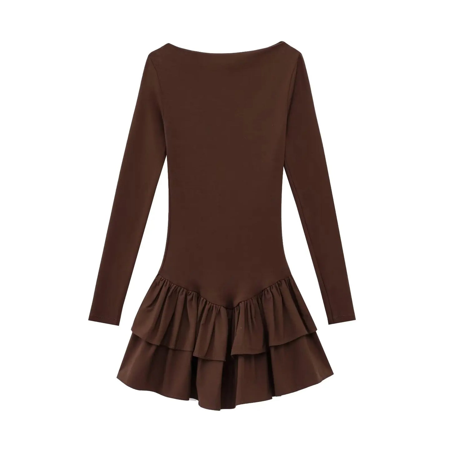 Women Dress™ TRAFZA Long Sleeve Dress Layered Hem Stretch Slim Brown Short Dress