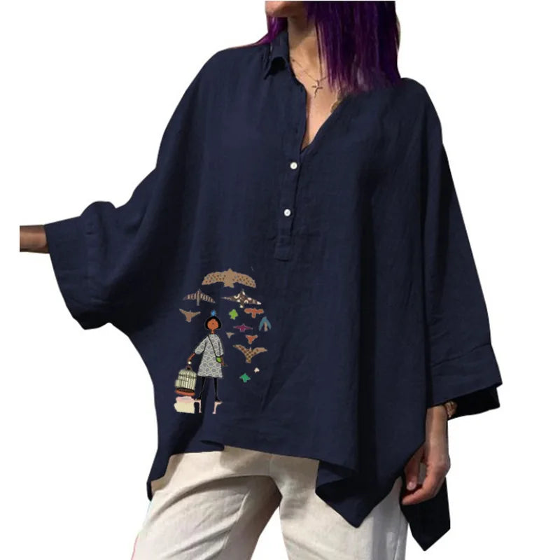 Women's Vintage Loose Cotton Shirts™ Punk Style Batwing Sleeve Polo Neck Blouses