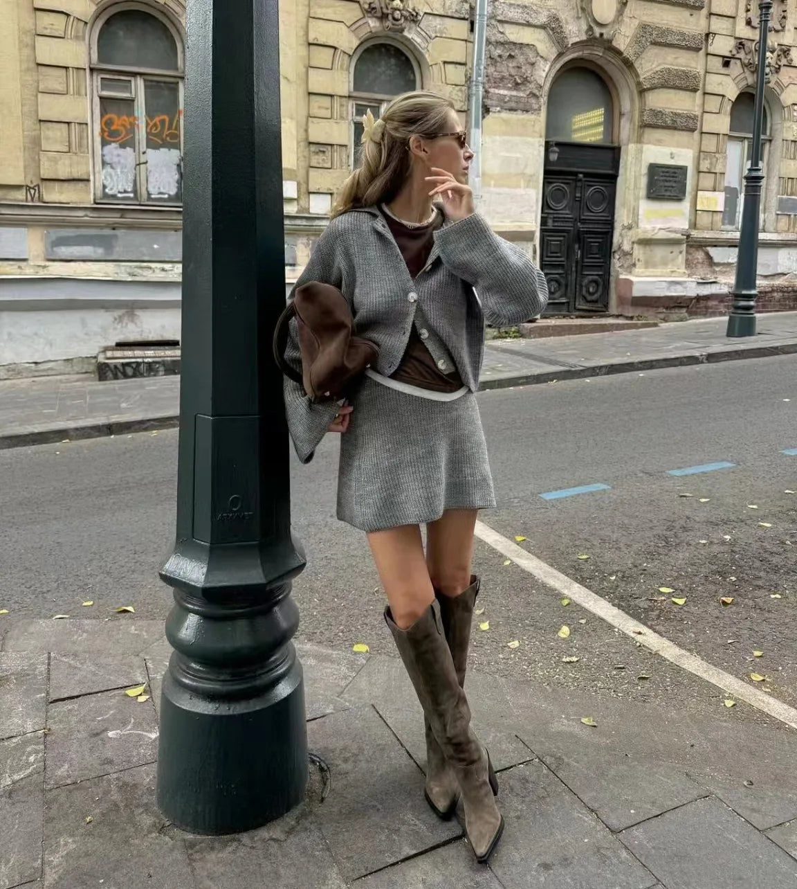 Women's Knitted Shirt and Skirt Set™ Long Sleeve Single Breasted Turn-Down Collar Shirt & Mini Skirt Cardigan Suits