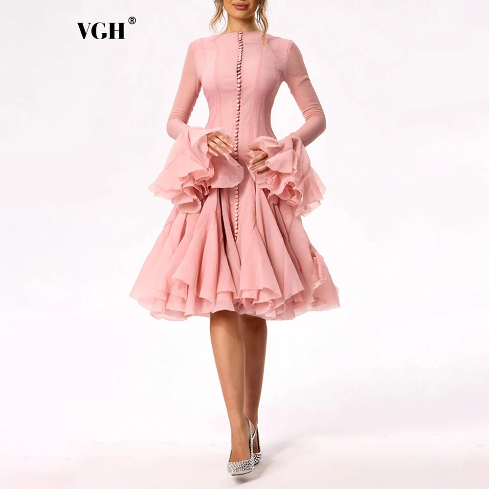 Women's Dress™ VGH Sweet Ruffles Elegant Knee Length Round Neck Flare Sleeve High Waist Spliced Button Dress