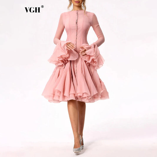 Women's Dress™ VGH Sweet Ruffles Elegant Knee Length Round Neck Flare Sleeve High Waist Spliced Button Dress