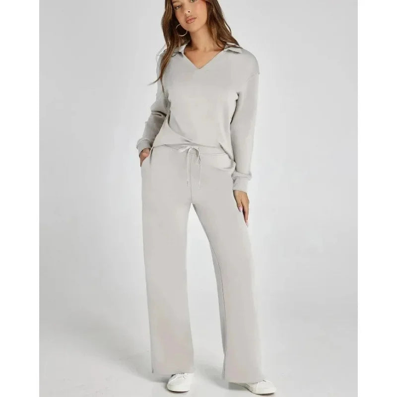 Women's 2 Piece Set™ Loose Long Sleeve V-Neck Top with Drawstring Elastic Waist Bell BottomsSet