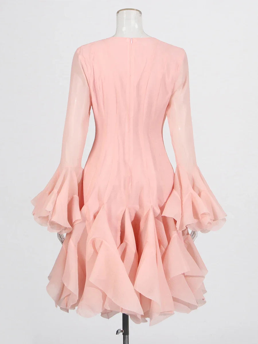 Women's Dress™ VGH Sweet Ruffles Elegant Knee Length Round Neck Flare Sleeve High Waist Spliced Button Dress