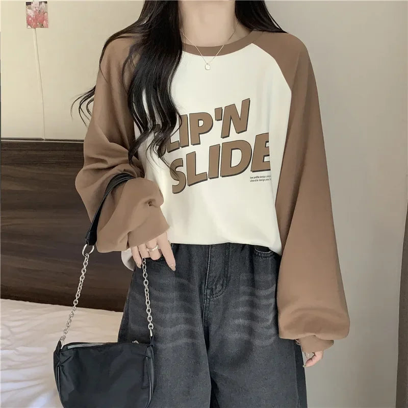 Women's Letter Printed T-Shirt™ Autumn Winter Thickened Frosted Color Block Shoulder Sleeve Lazy Loose Large Version Round Neck T-Shirt