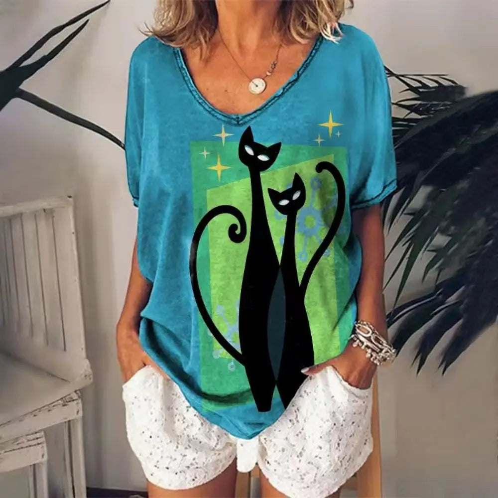 Women's Cartoon Cat Print T-shirt™ Summer Short Sleeve V-Neck Kawaii Fashion Tees