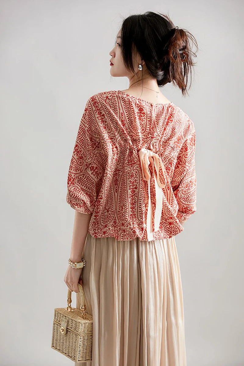 Women's Vintage Bow Bandage Print Shirts™ Korean Batwing Sleeve  Tops