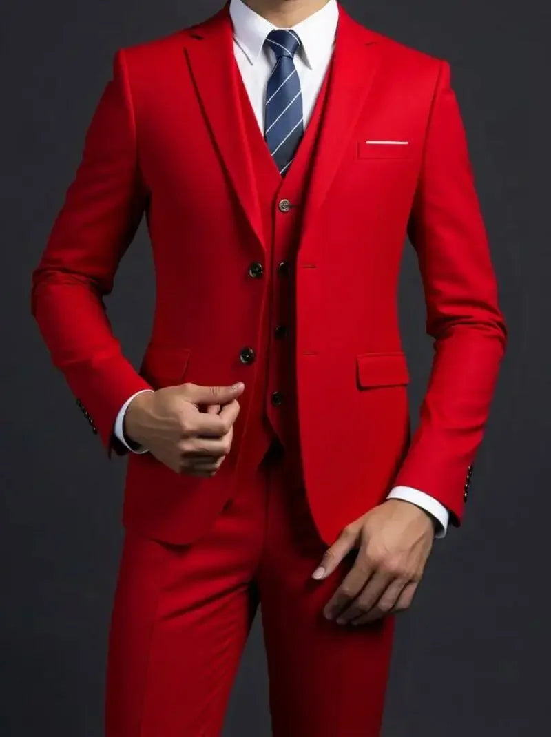 Men's Suit (Blazer+ Vest + Trousers) British Style Solid-color Suit