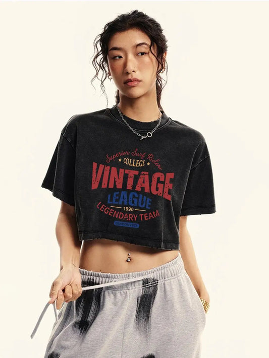 Women's Cotton Crop Washed T-Shirts™ Vintage League Letter Prints Short Sleeve Loose Tops