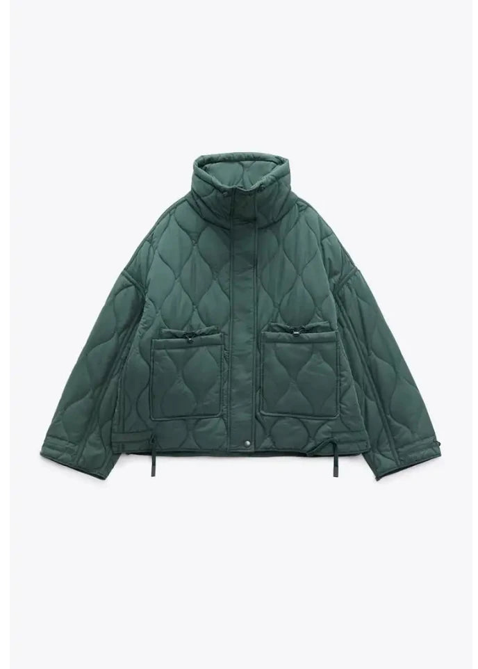 Women's Quilted Coat™ drawstring ties high neck pocket clip cotton jacket for women