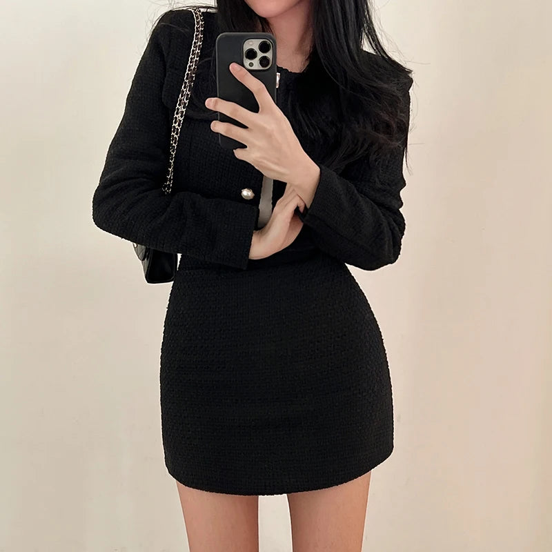 HELIAR Women's Jacket & Skirt Set™ Tweed Long Sleeve Pearl Buttons Short Jacket and A-line Mini Skirt Outfits