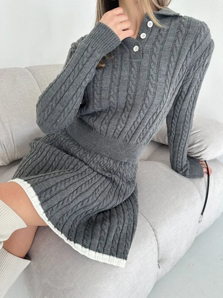 Women's Knitted Set™ Long Sleeve Lapel Buttons Knitting Sweater Short Skirt Sets