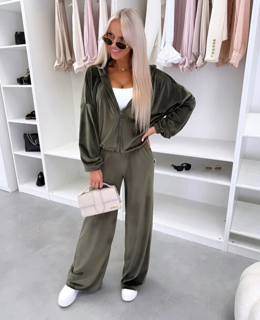 Women's  Casual Outfit™ Zipper Hooded Cardigan + Wide Leg Pants Two Piece Set