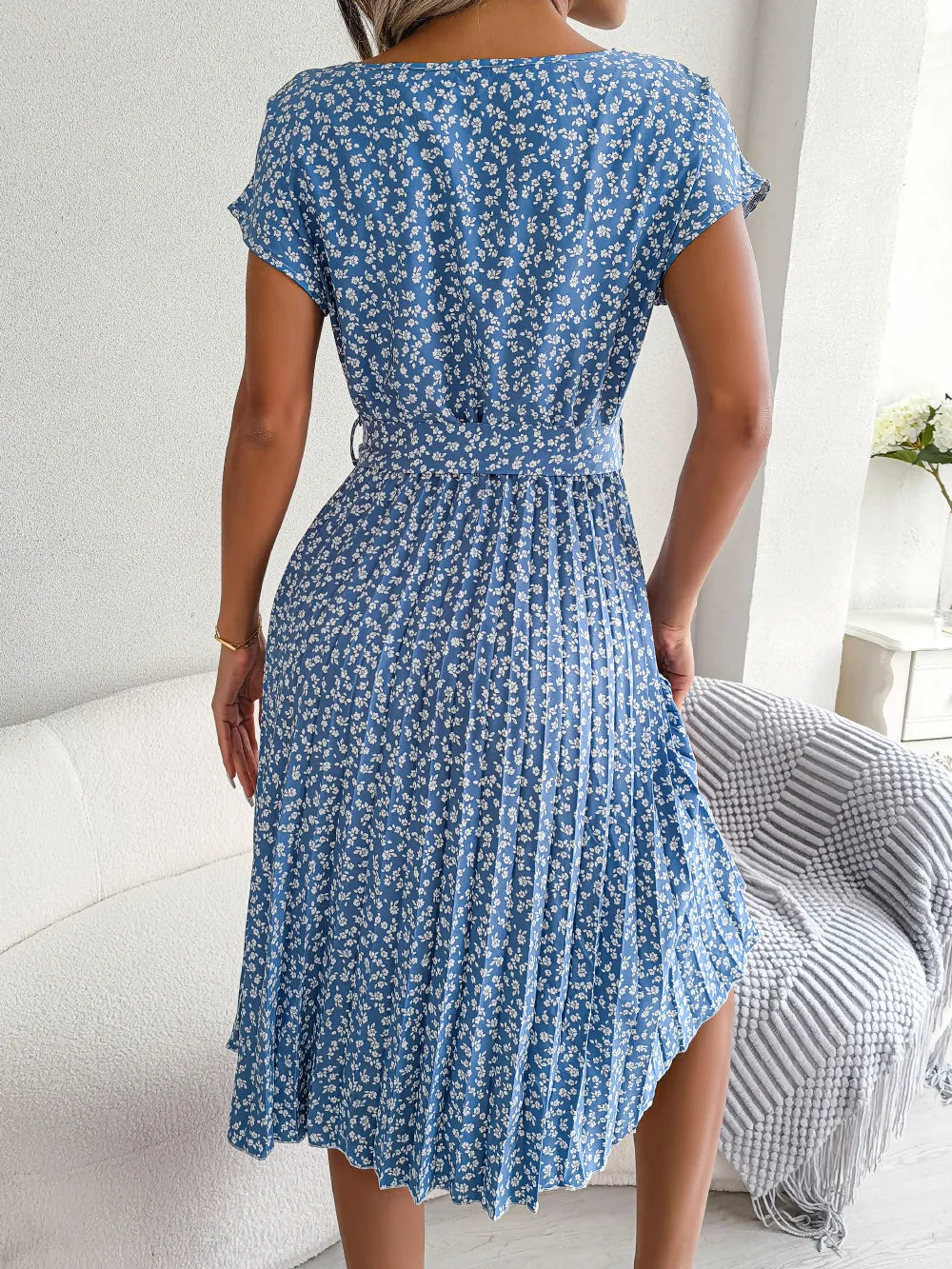 Women Dresses™ Spring Summer Short Sleeve High Waist Floral Pleated A Line Long Dress