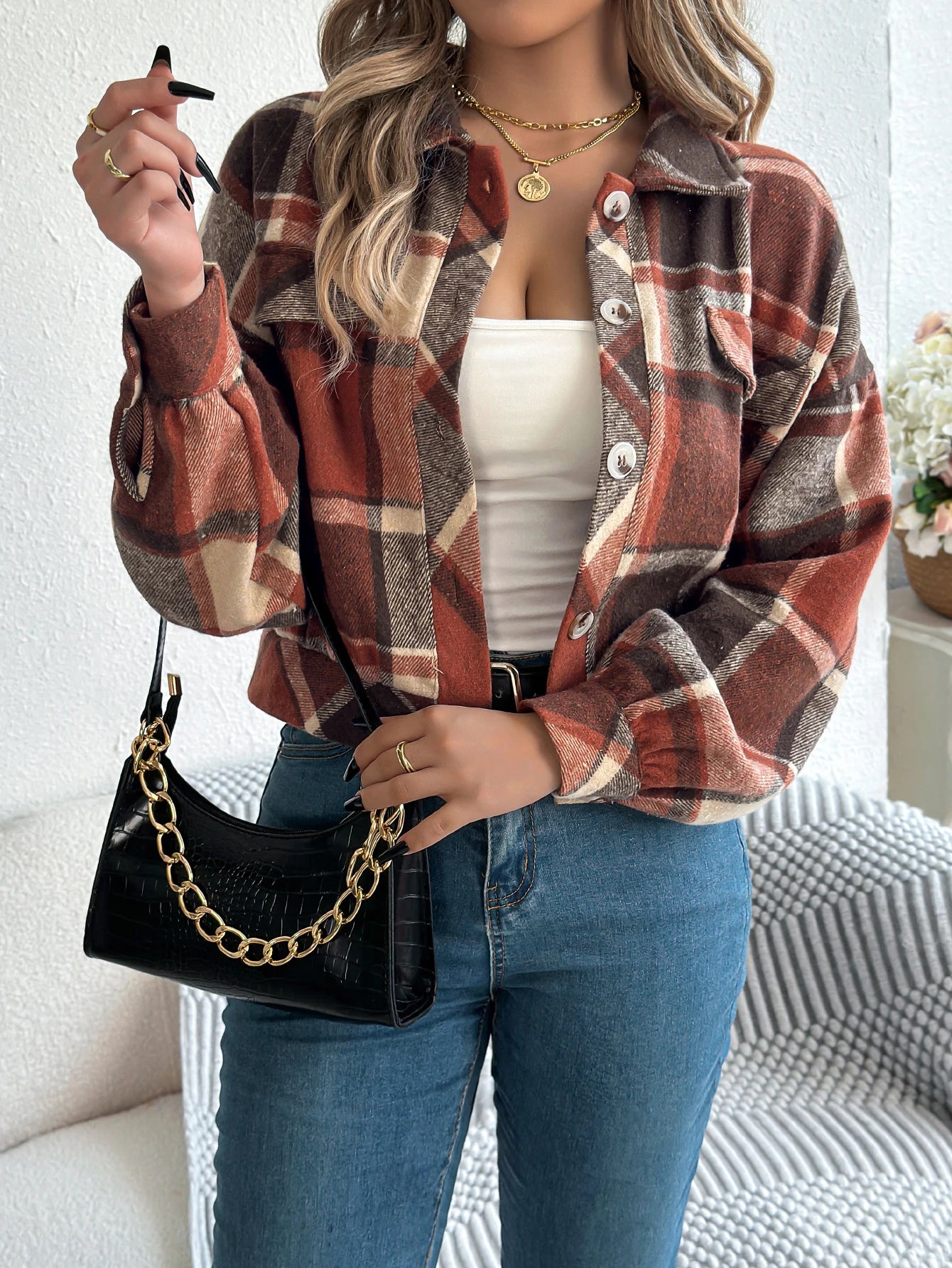 Women's Plaid Short Coat™ Lantern Long Sleeve Turn-Down Collar Button Woolen Jacket