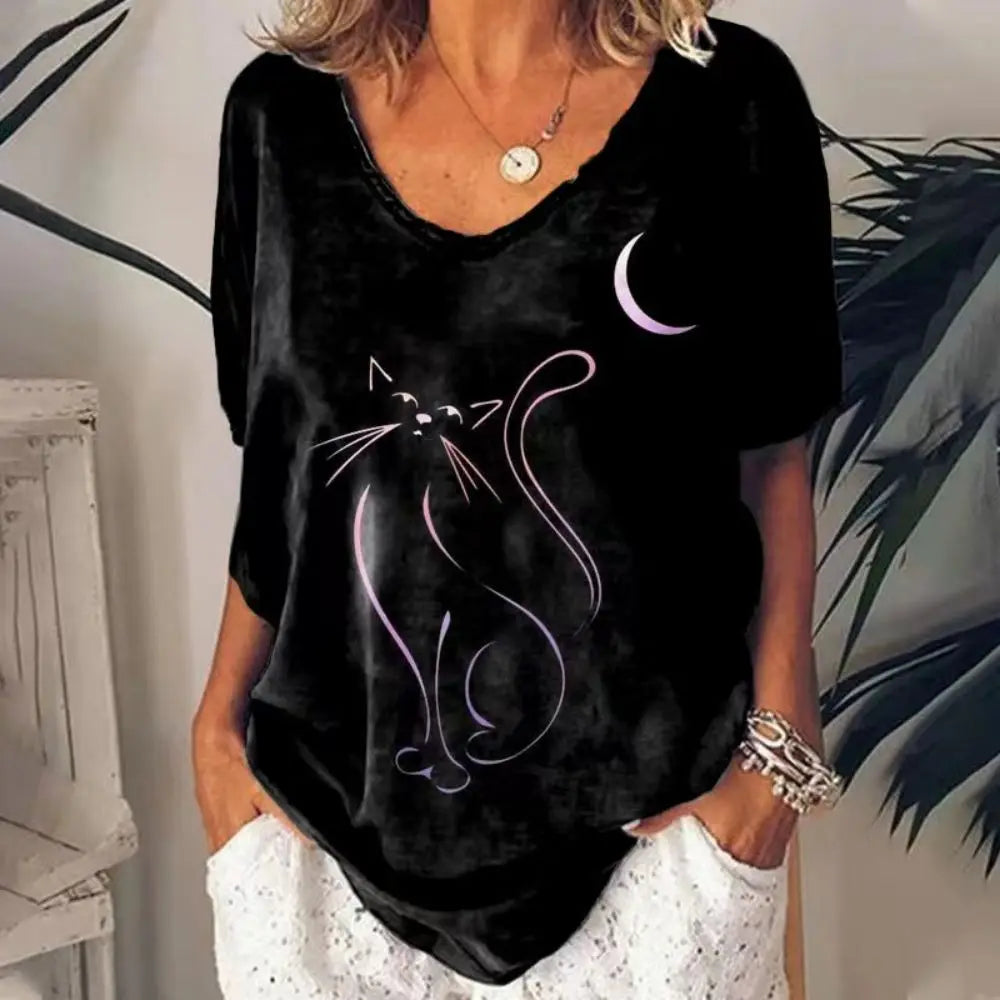 Women's Cartoon Cat Print T-shirt™ Summer Short Sleeve V-Neck Kawaii Fashion Tees