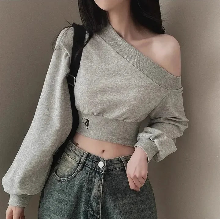 Women's Off-the-shoulder Sweatshirt™ Cropped Top Embroidery Loose-fit Windy Sweatshirt