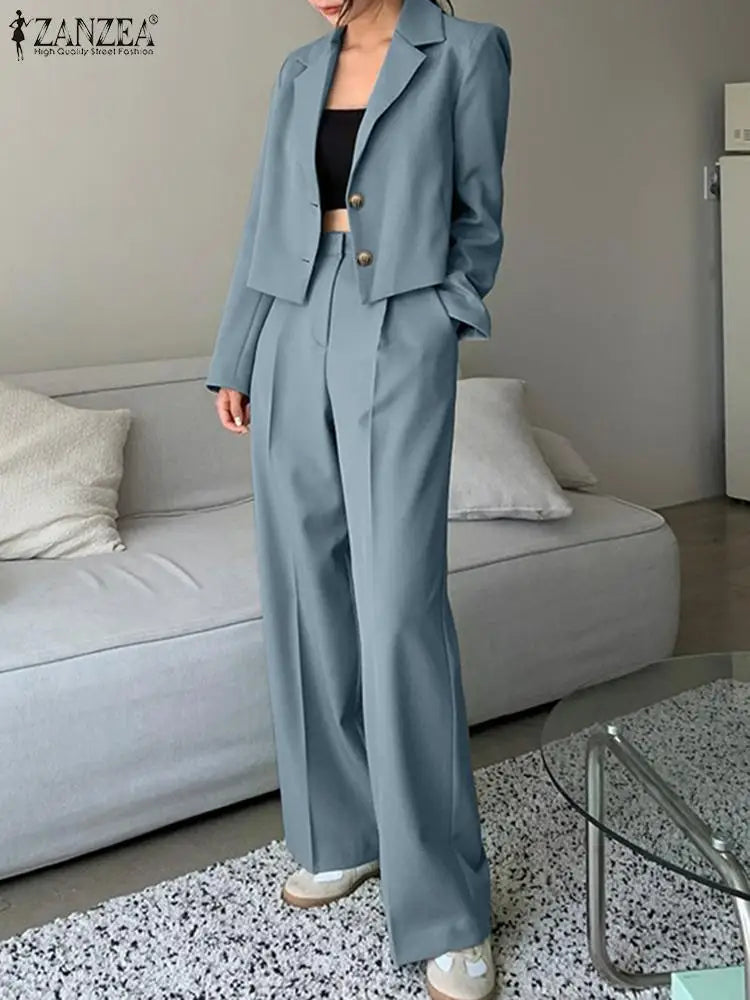 Women's Vintage Tracksuit™ ZANZEA Elegant Blazer Long Sleeve Tops Wide Leg Pants Work Suit