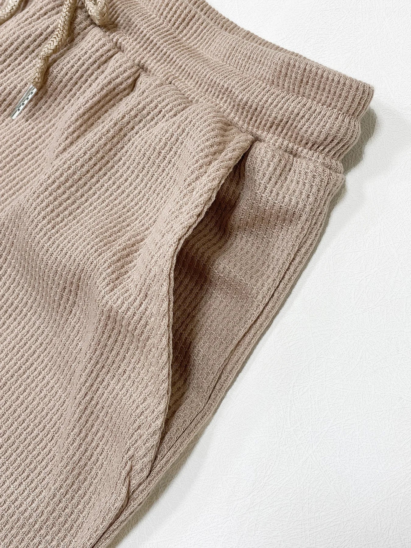 Women's Solid Waffle Textured Shorts Set™ Breathable O-Neck Crop Tank Top & Drawstring Shorts Set