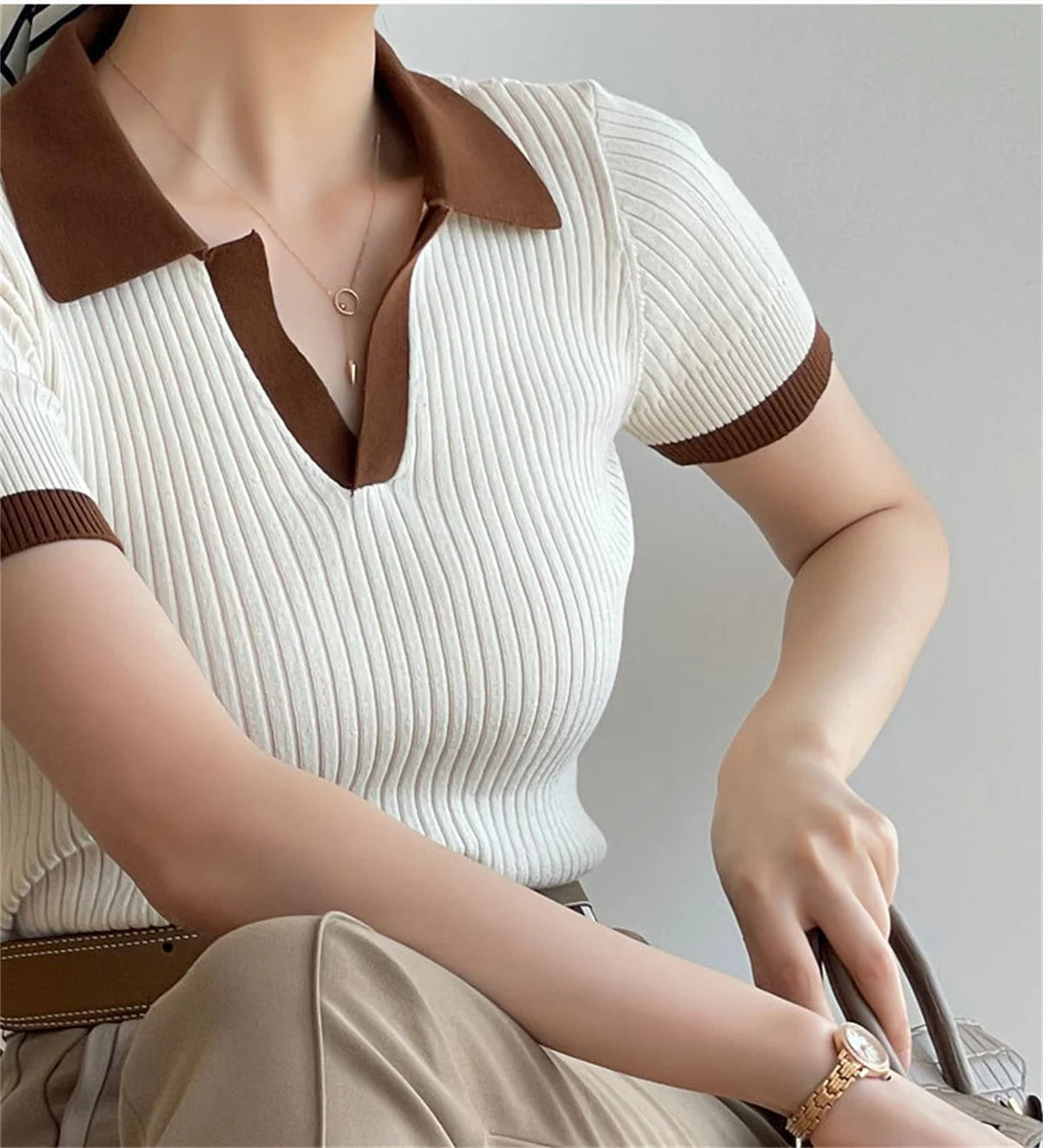 Women's V Neck Knitted Tops™ Short Sleeve Slim Casual Vintage T-shirt